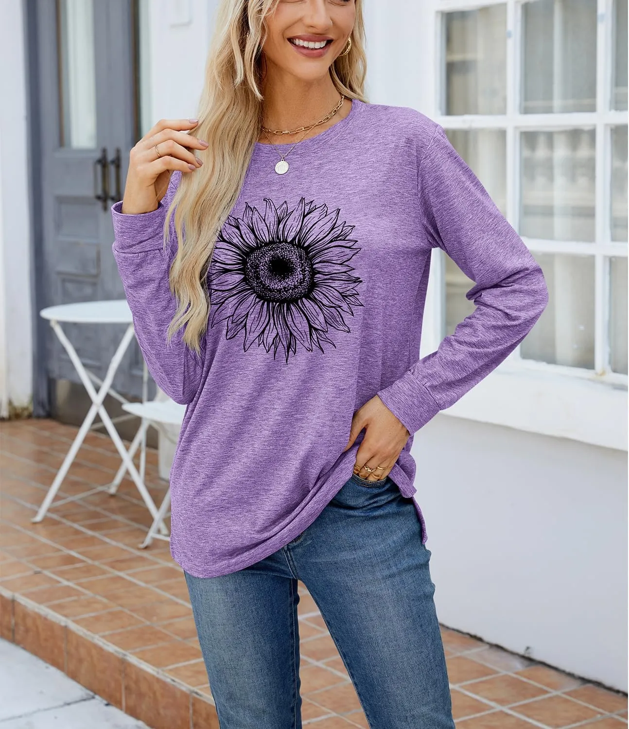 Women's Graphic T Shirts Long Sleeve Tees Sunflower Crewneck Casual Loose Fall Tunic Tops