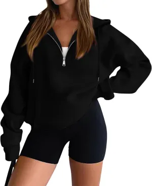 Womens Half Zip Hoodies Cropped Pullover Casual Long Sleeve Hooded Sweatshirts Quarter Zipper Sweatshirt Fall Clothes