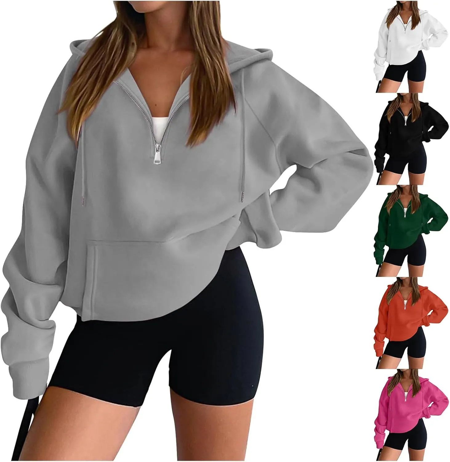 Womens Half Zip Hoodies Cropped Pullover Casual Long Sleeve Hooded Sweatshirts Quarter Zipper Sweatshirt Fall Clothes