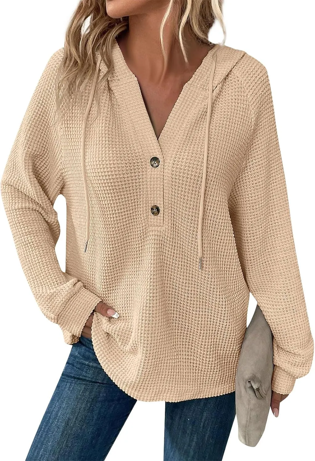 Womens Hoodies 2024 Fall Fashion Button V Neck Waffle Knit Tops Drawstring Hooded Oversized Sweatshirt with Pocket