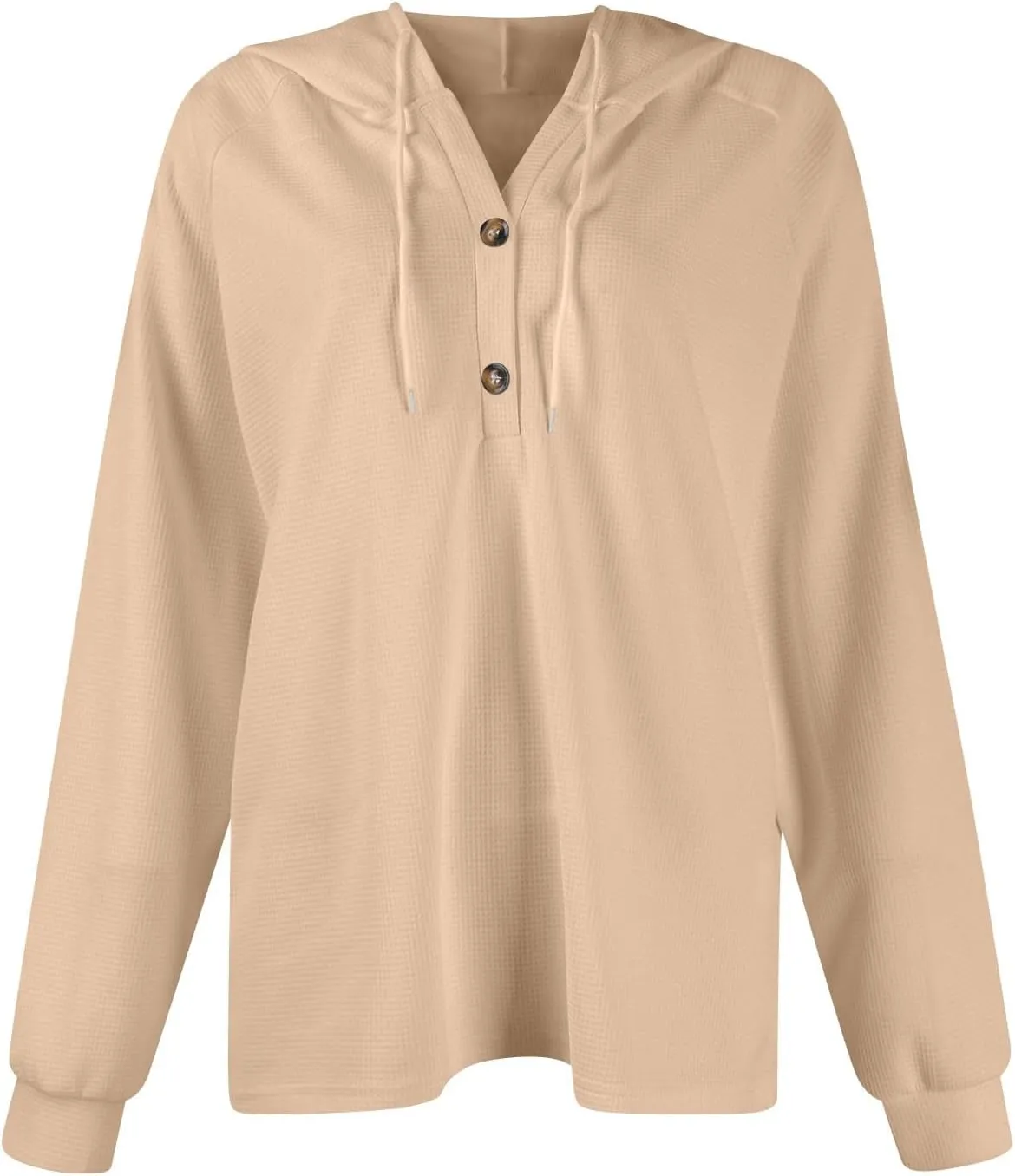 Womens Hoodies 2024 Fall Fashion Button V Neck Waffle Knit Tops Drawstring Hooded Oversized Sweatshirt with Pocket