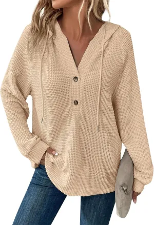 Womens Hoodies 2024 Fall Fashion Button V Neck Waffle Knit Tops Drawstring Hooded Oversized Sweatshirt with Pocket