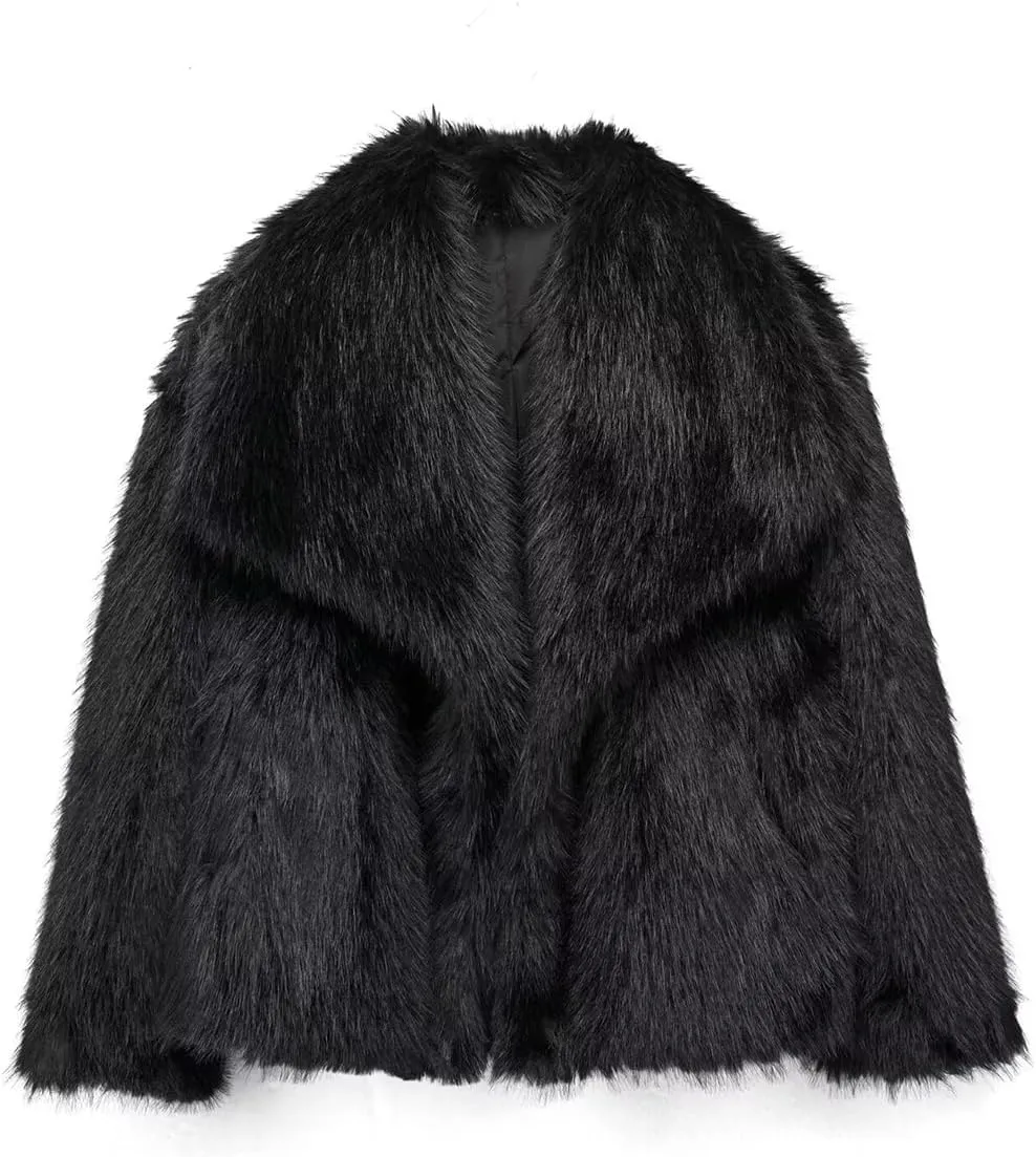 Women's Lapel Faux Fur Jackets Winter Warm Long Sleeve Coats Open Front Fluffy Outerwear