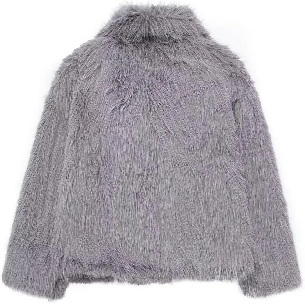 Women's Lapel Faux Fur Jackets Winter Warm Long Sleeve Coats Open Front Fluffy Outerwear