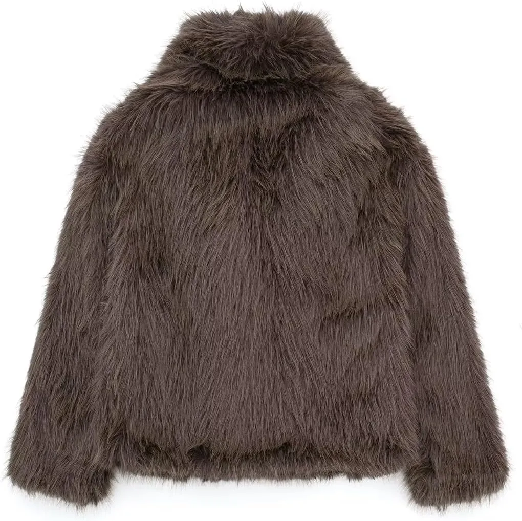 Women's Lapel Faux Fur Jackets Winter Warm Long Sleeve Coats Open Front Fluffy Outerwear