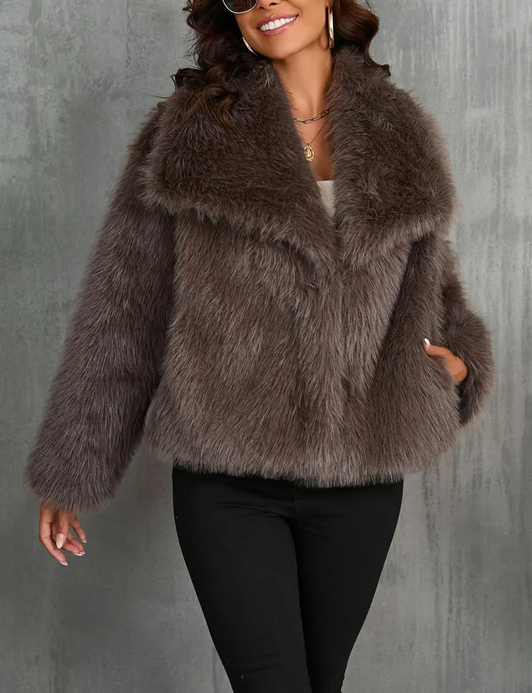 Women's Lapel Faux Fur Jackets Winter Warm Long Sleeve Coats Open Front Fluffy Outerwear