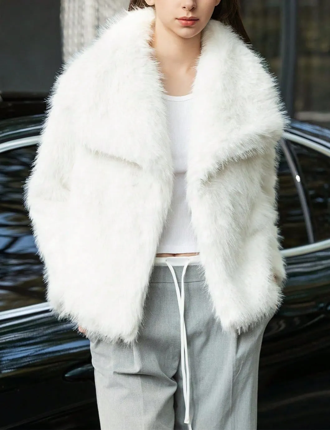 Women's Lapel Faux Fur Jackets Winter Warm Long Sleeve Coats Open Front Fluffy Outerwear