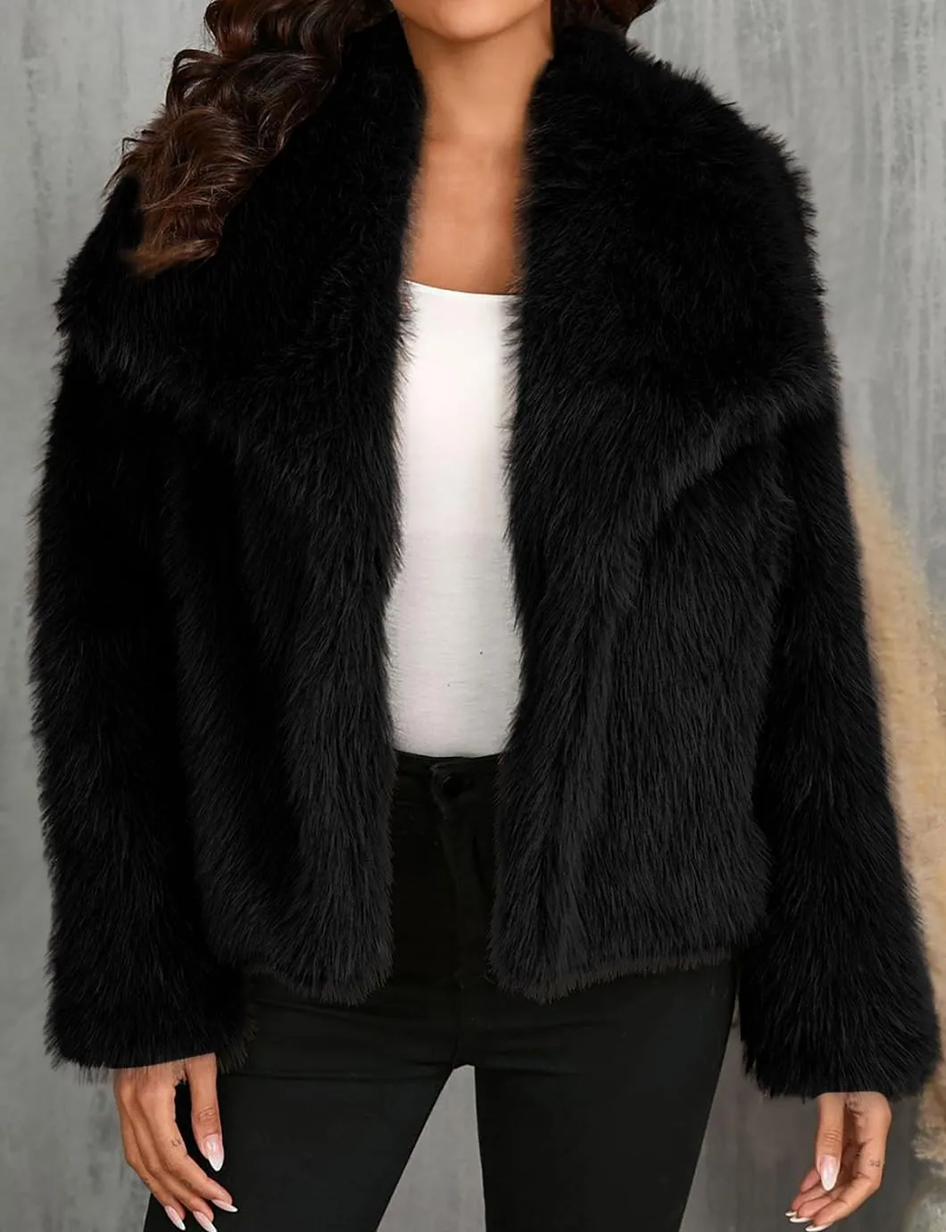 Women's Lapel Faux Fur Jackets Winter Warm Long Sleeve Coats Open Front Fluffy Outerwear