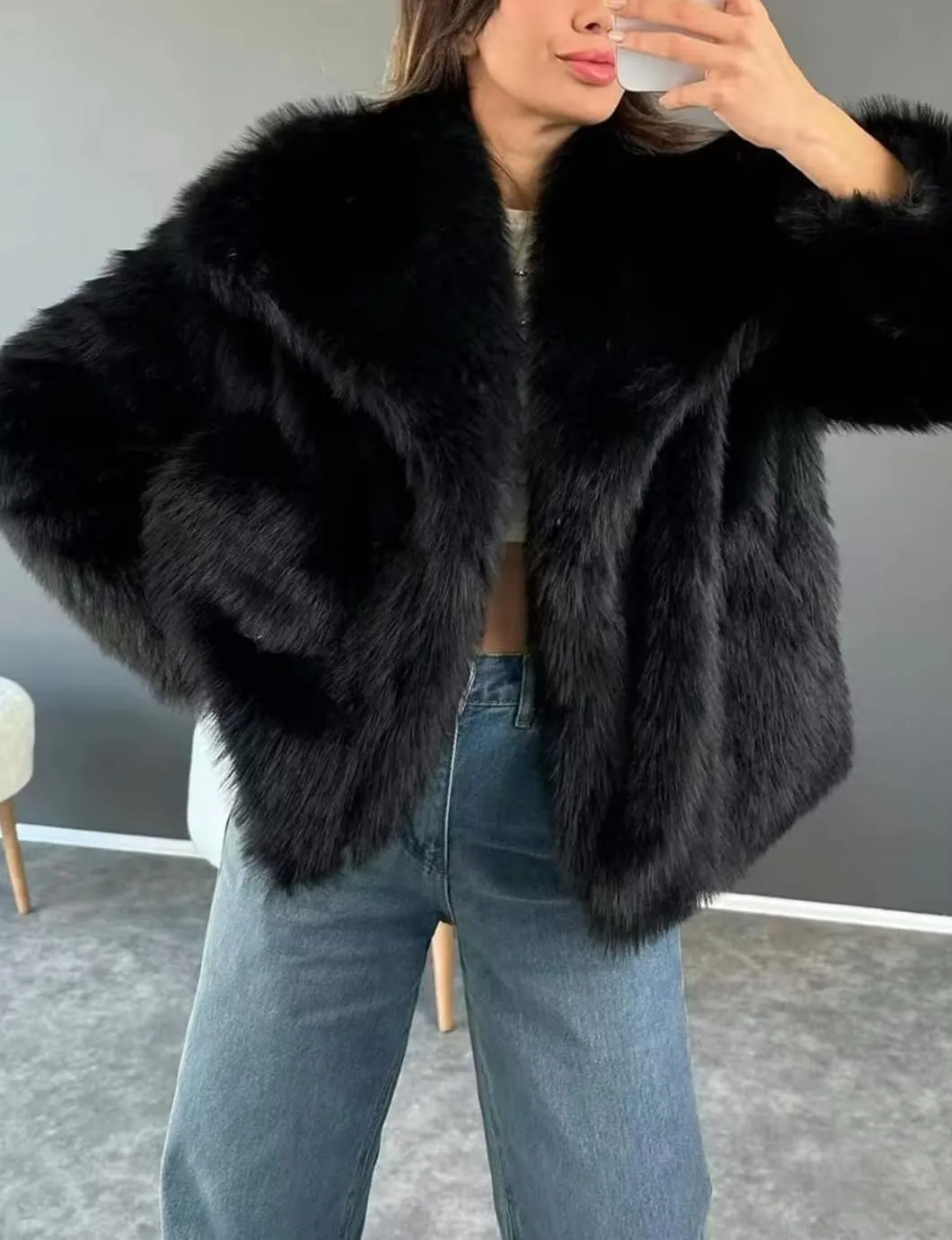 Women's Lapel Faux Fur Jackets Winter Warm Long Sleeve Coats Open Front Fluffy Outerwear