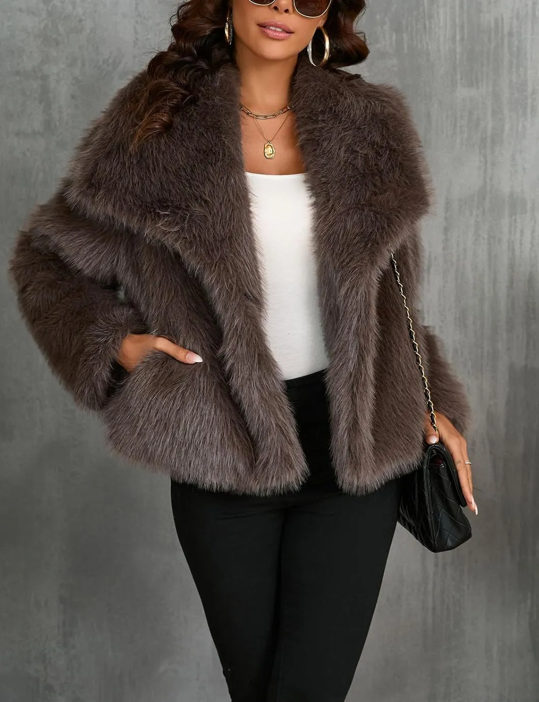 Women's Lapel Faux Fur Jackets Winter Warm Long Sleeve Coats Open Front Fluffy Outerwear