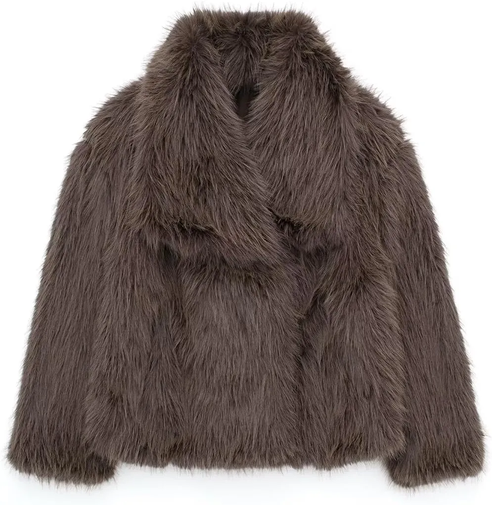Women's Lapel Faux Fur Jackets Winter Warm Long Sleeve Coats Open Front Fluffy Outerwear