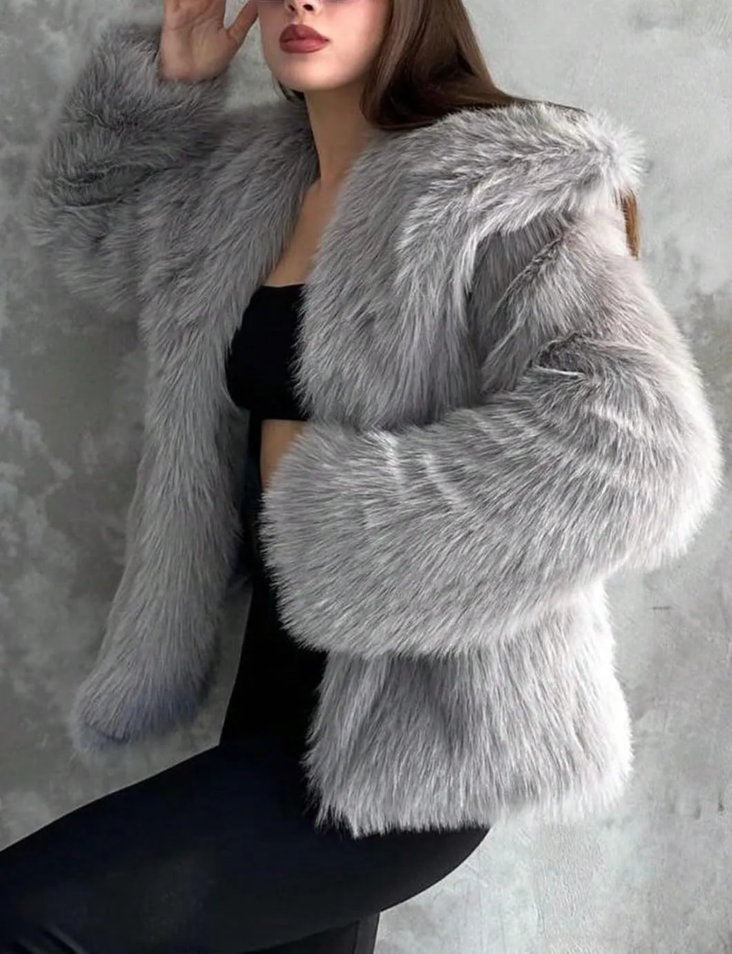 Women's Lapel Faux Fur Jackets Winter Warm Long Sleeve Coats Open Front Fluffy Outerwear