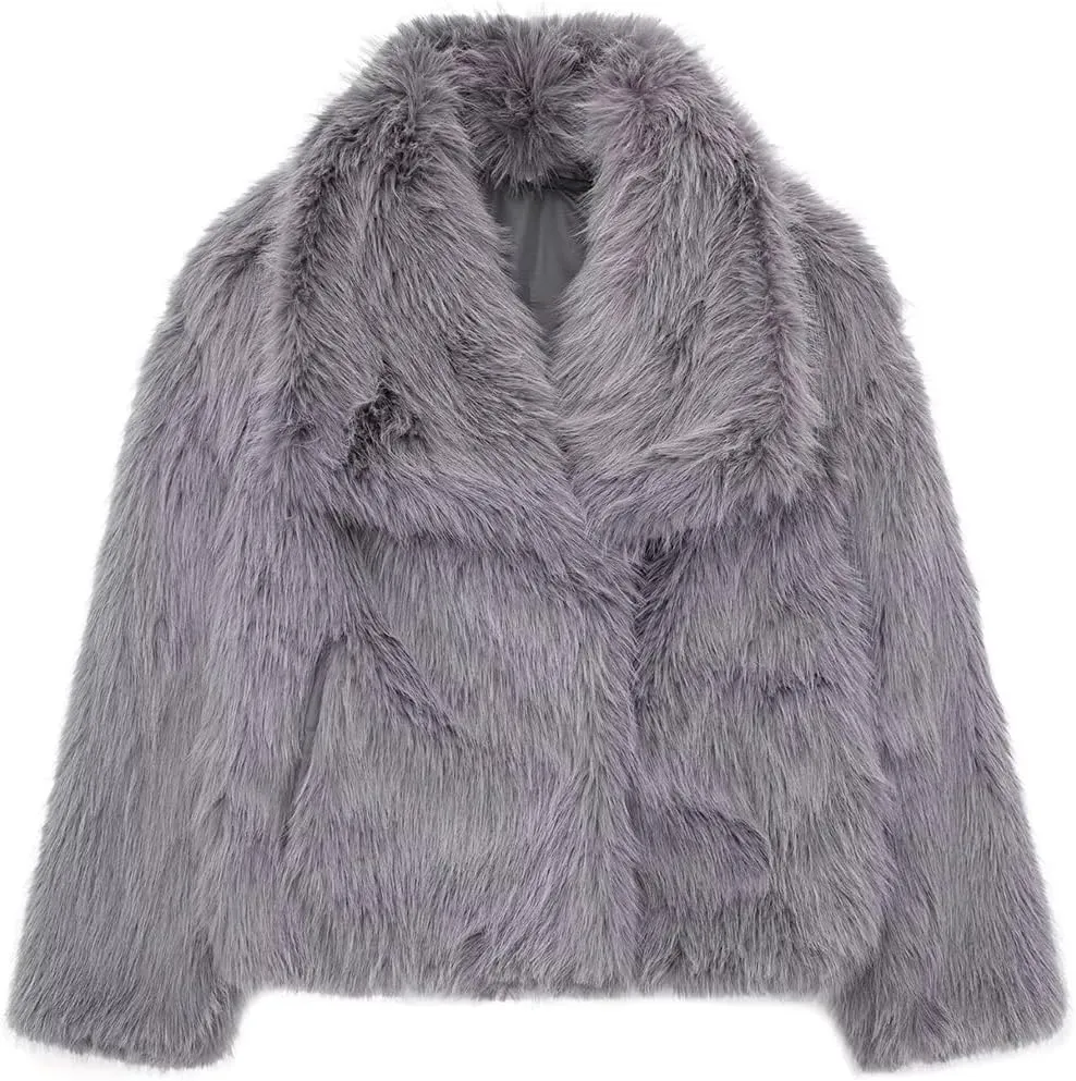 Women's Lapel Faux Fur Jackets Winter Warm Long Sleeve Coats Open Front Fluffy Outerwear