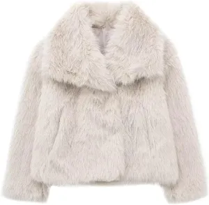 Women's Lapel Faux Fur Jackets Winter Warm Long Sleeve Coats Open Front Fluffy Outerwear