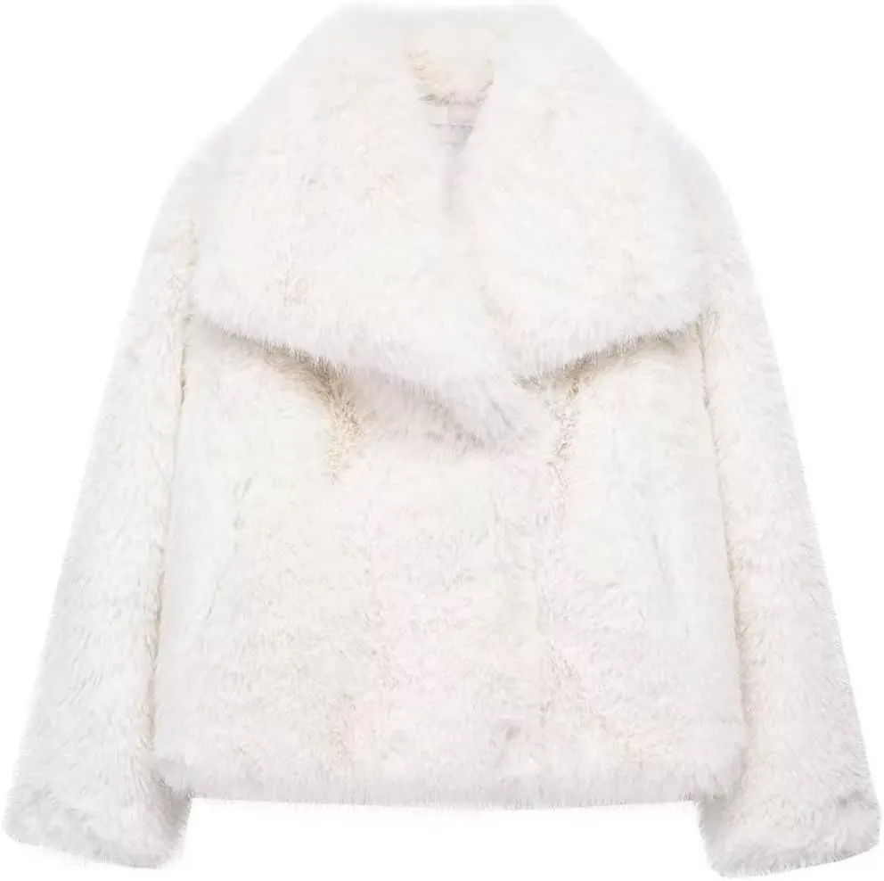 Women's Lapel Faux Fur Jackets Winter Warm Long Sleeve Coats Open Front Fluffy Outerwear