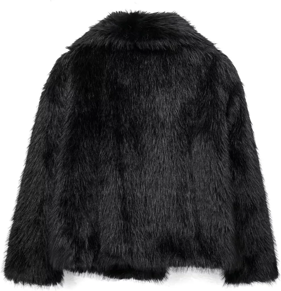 Women's Lapel Faux Fur Jackets Winter Warm Long Sleeve Coats Open Front Fluffy Outerwear