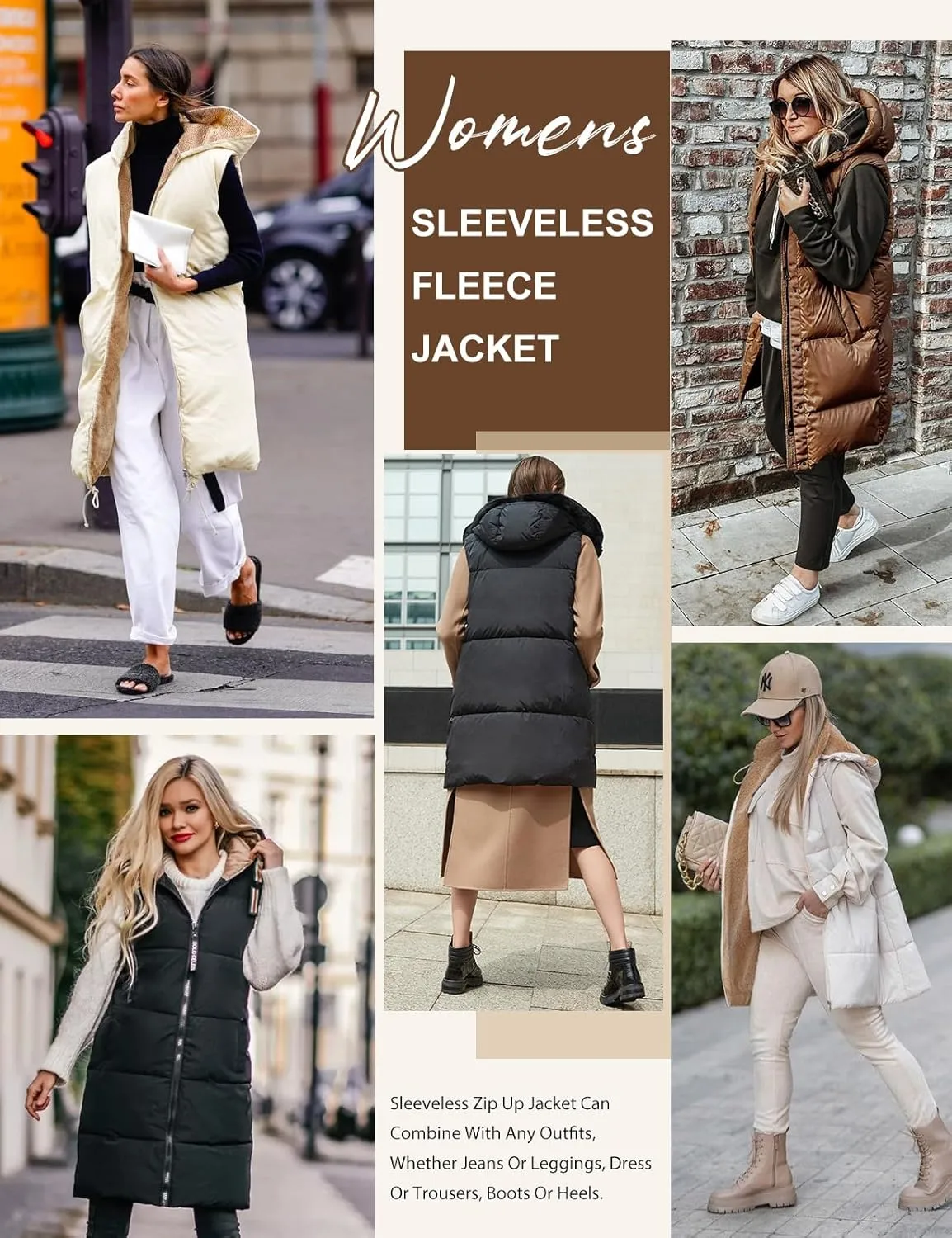 Womens Long Puffer Vest Fall Sleeveless Fleece Vest Reversible Vests Zip Up Winter Coat Fleece Jacket Long Hoodie