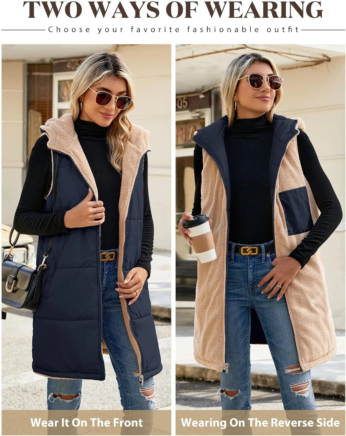 Womens Long Puffer Vest Fall Sleeveless Fleece Vest Reversible Vests Zip Up Winter Coat Fleece Jacket Long Hoodie