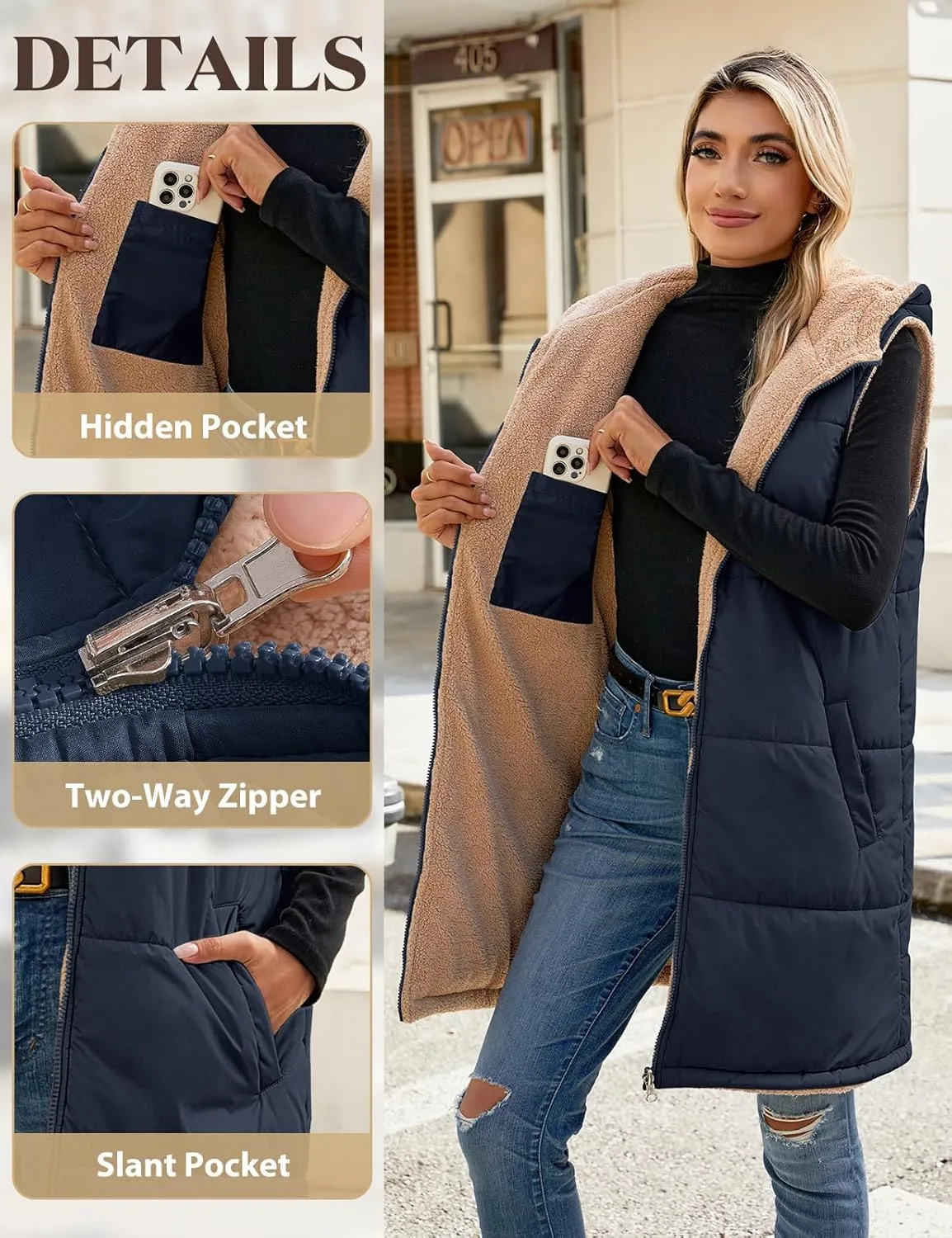 Womens Long Puffer Vest Fall Sleeveless Fleece Vest Reversible Vests Zip Up Winter Coat Fleece Jacket Long Hoodie