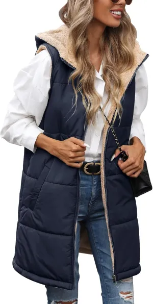 Womens Long Puffer Vest Fall Sleeveless Fleece Vest Reversible Vests Zip Up Winter Coat Fleece Jacket Long Hoodie