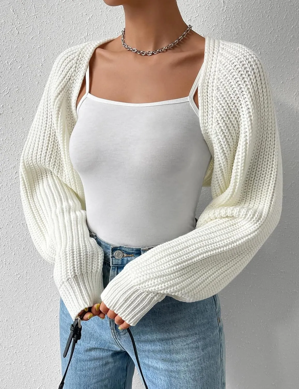 Women's Long Sleeve Open Front Knitted Crop Cardigan Drop Shoulder Knit Bolero Shrug Sweater