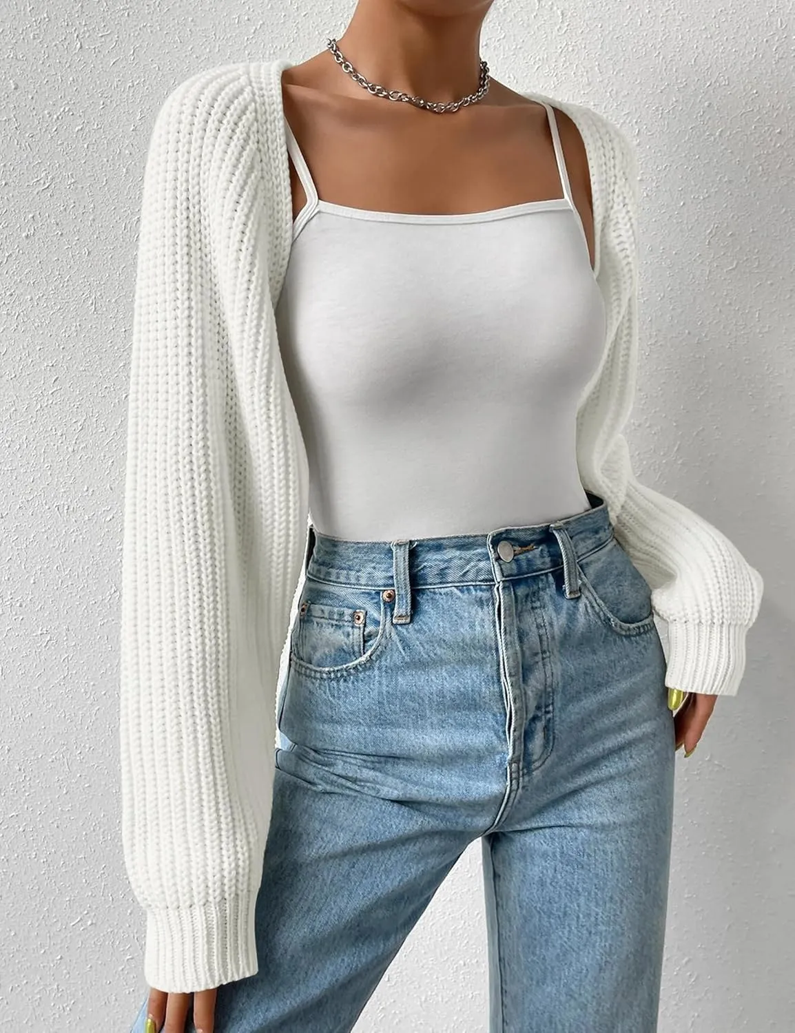 Women's Long Sleeve Open Front Knitted Crop Cardigan Drop Shoulder Knit Bolero Shrug Sweater