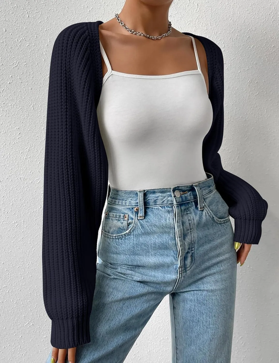 Women's Long Sleeve Open Front Knitted Crop Cardigan Drop Shoulder Knit Bolero Shrug Sweater