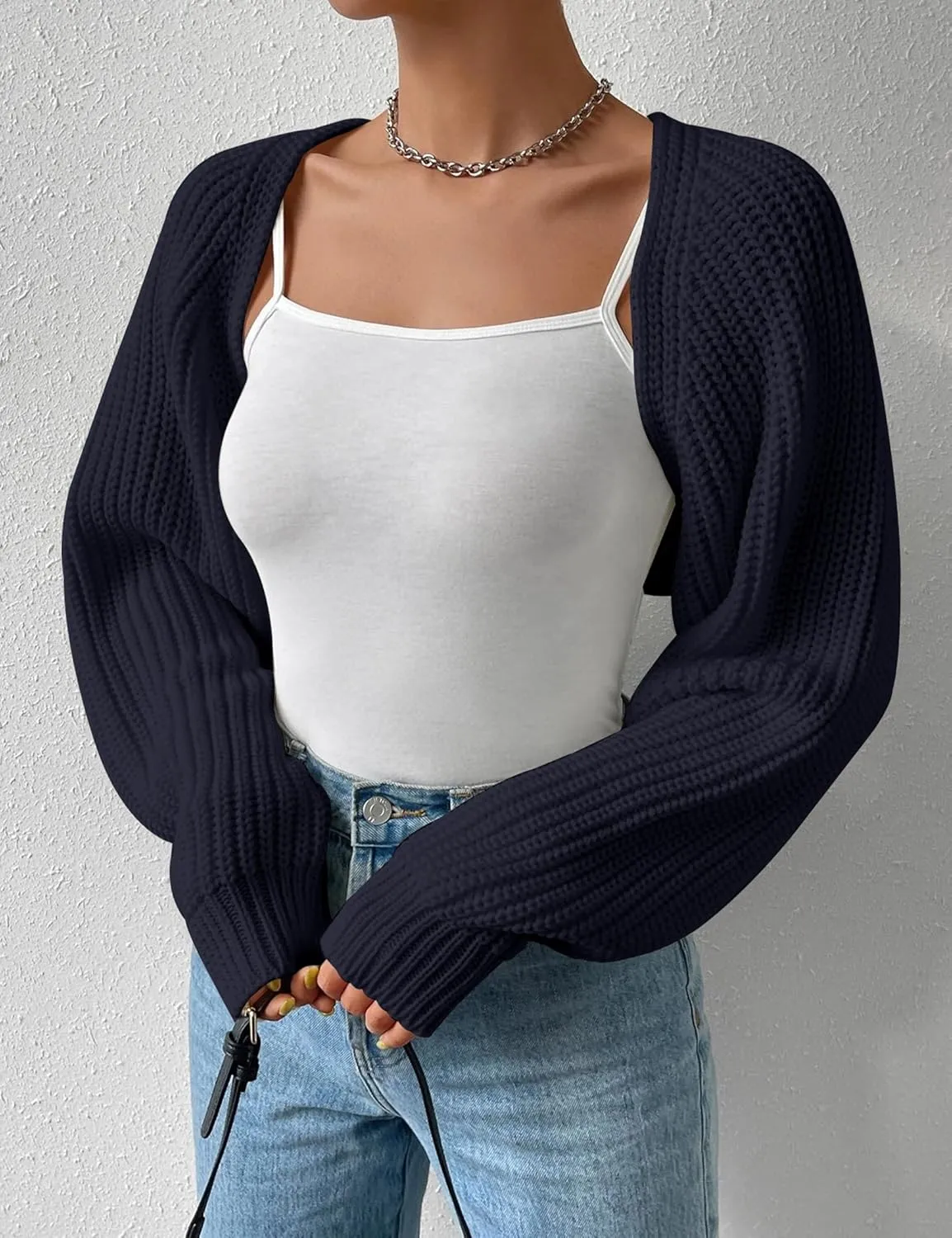 Women's Long Sleeve Open Front Knitted Crop Cardigan Drop Shoulder Knit Bolero Shrug Sweater