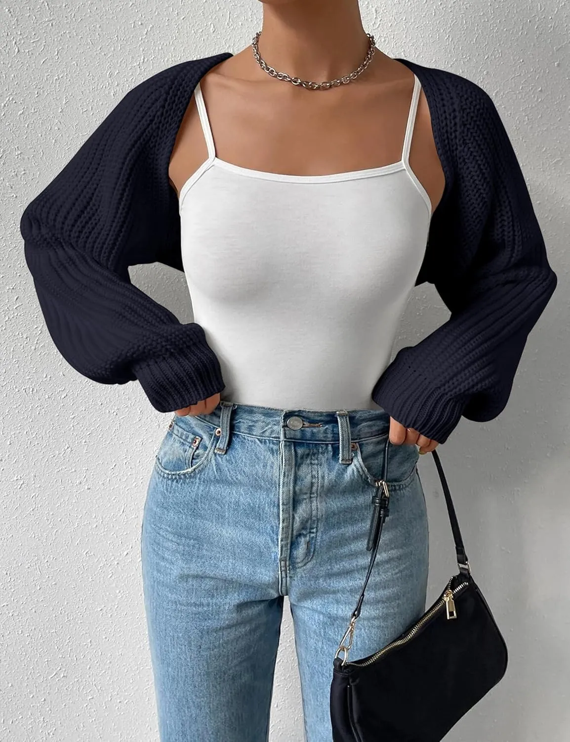 Women's Long Sleeve Open Front Knitted Crop Cardigan Drop Shoulder Knit Bolero Shrug Sweater
