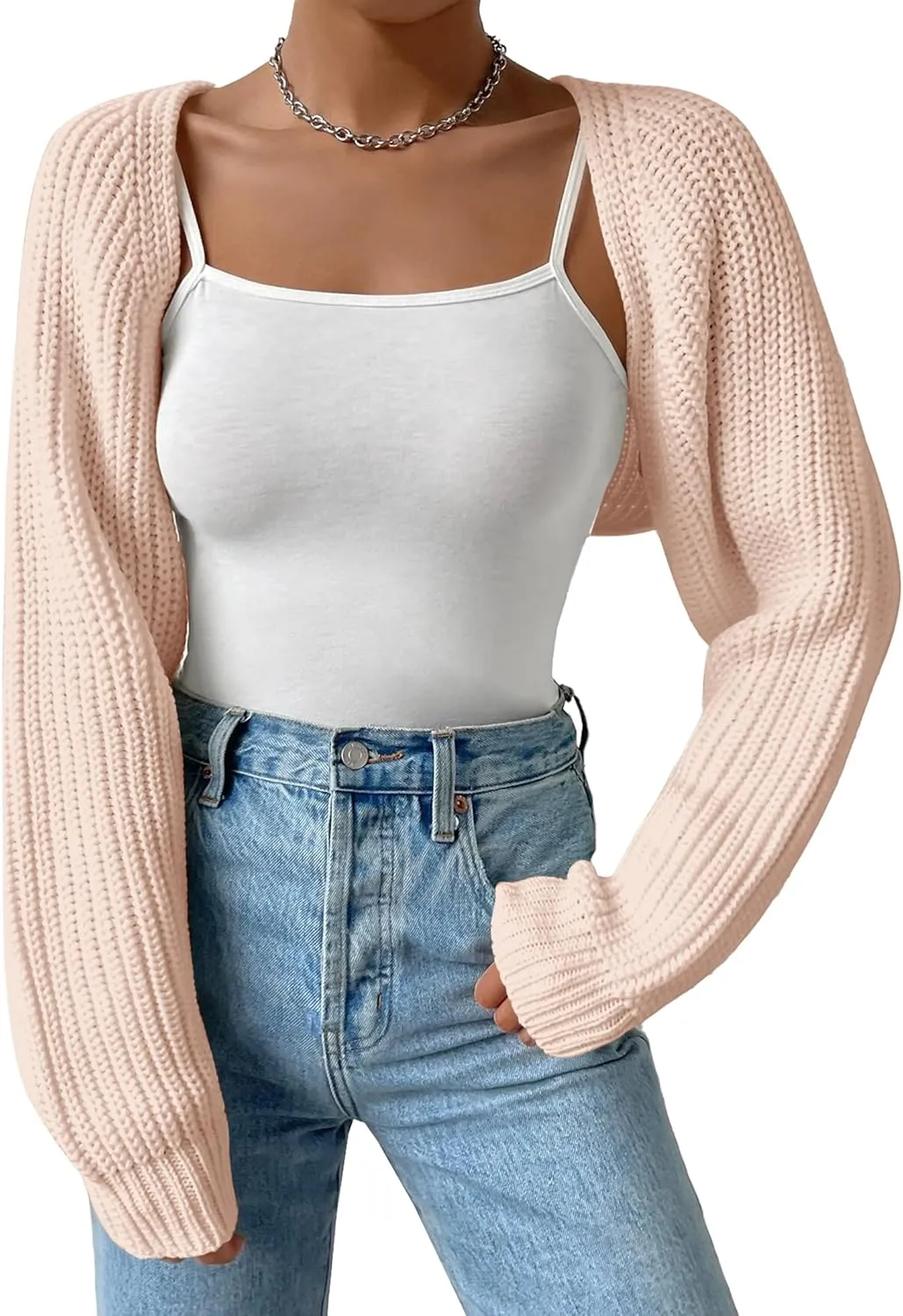 Women's Long Sleeve Open Front Knitted Crop Cardigan Drop Shoulder Knit Bolero Shrug Sweater