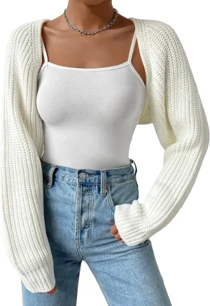 Women's Long Sleeve Open Front Knitted Crop Cardigan Drop Shoulder Knit Bolero Shrug Sweater