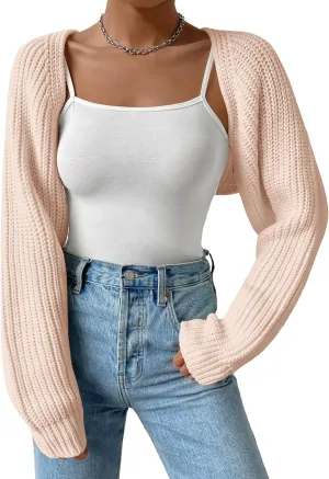 Women's Long Sleeve Open Front Knitted Crop Cardigan Drop Shoulder Knit Bolero Shrug Sweater