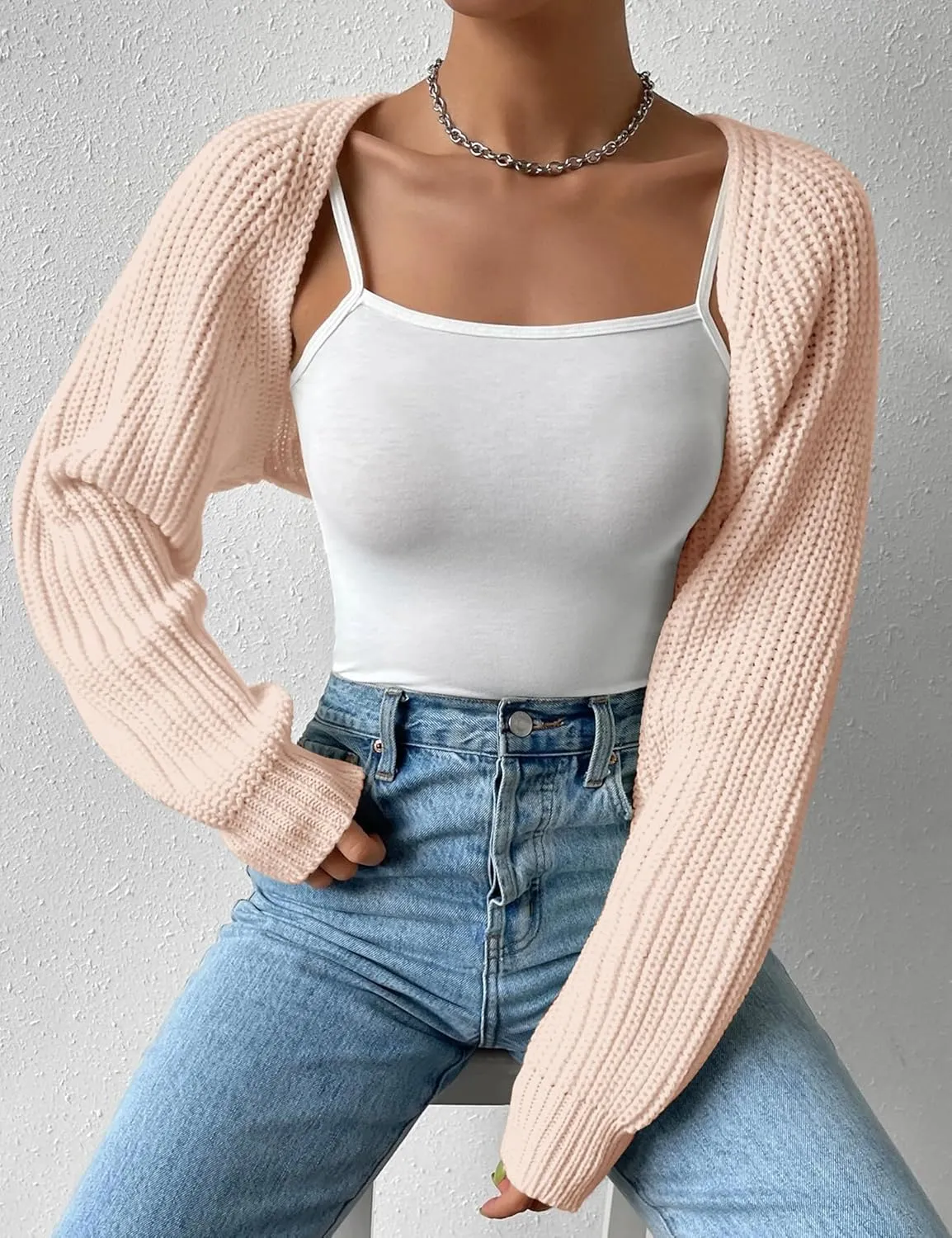 Women's Long Sleeve Open Front Knitted Crop Cardigan Drop Shoulder Knit Bolero Shrug Sweater