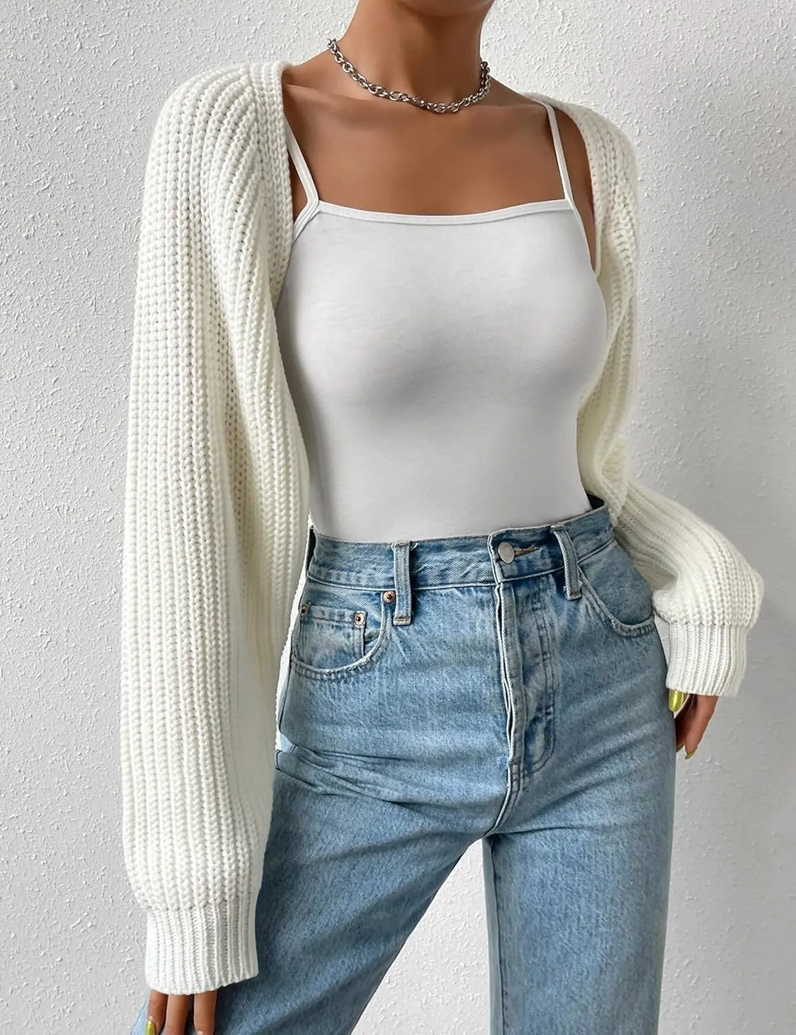 Women's Long Sleeve Open Front Knitted Crop Cardigan Drop Shoulder Knit Bolero Shrug Sweater