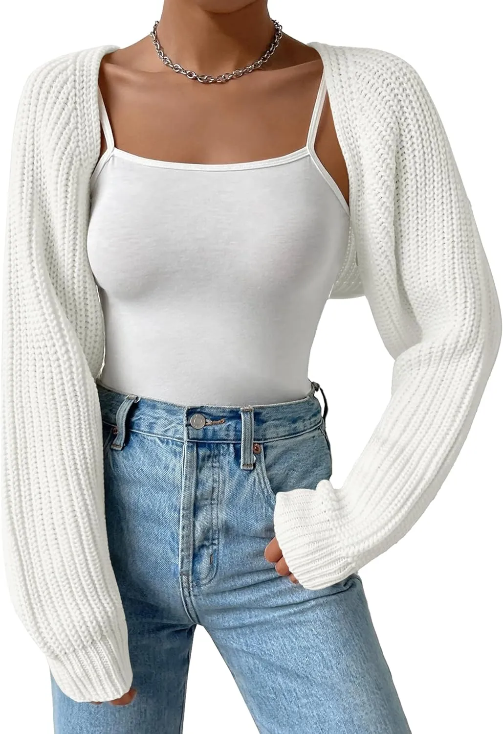 Women's Long Sleeve Open Front Knitted Crop Cardigan Drop Shoulder Knit Bolero Shrug Sweater