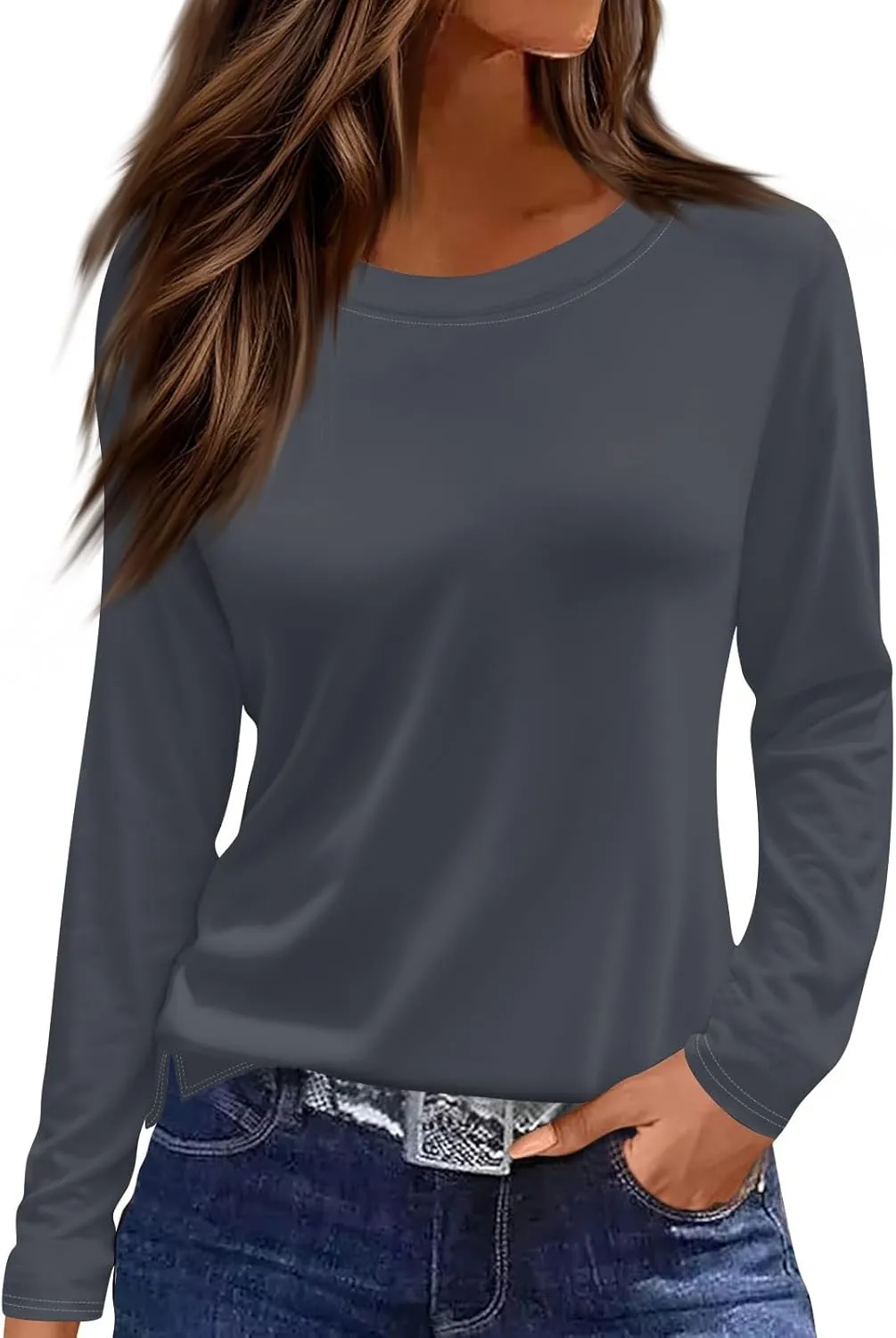 Women's Long Sleeve Tops 2024 Fall Dressy Casual Blouses Crewneck Oversized Tunic Shirts Striped