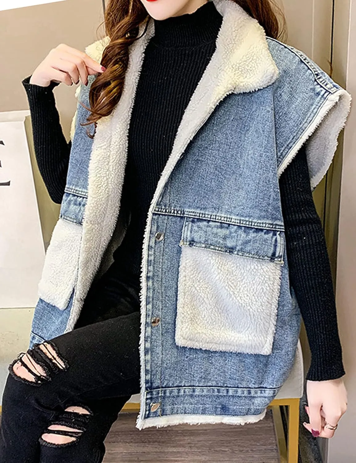 Womens Loose Sherpa Fleece Lined Denim Vest Casual Sleeveless Button Down Jean Vest Jacket