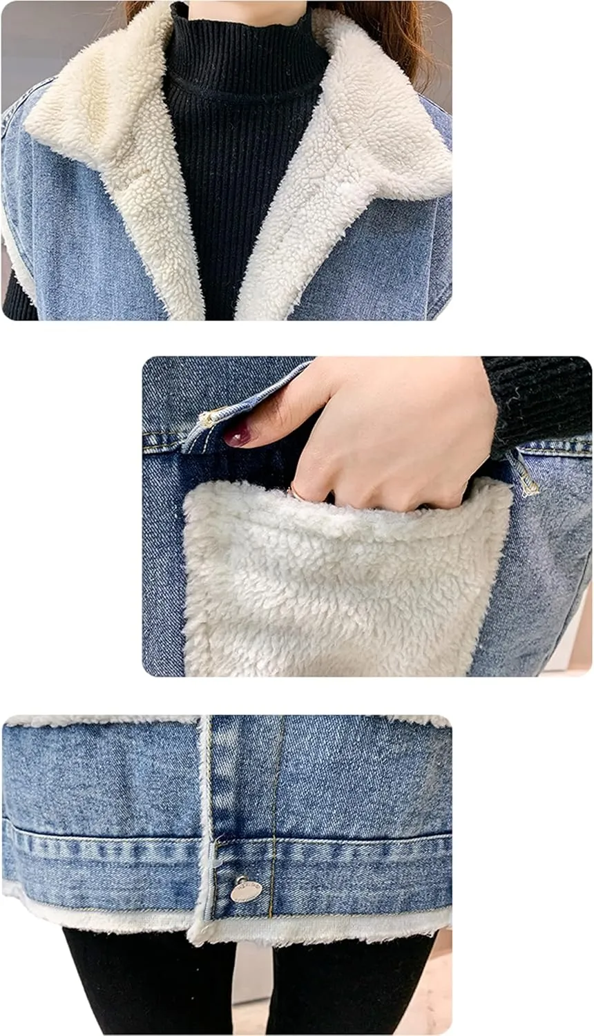 Womens Loose Sherpa Fleece Lined Denim Vest Casual Sleeveless Button Down Jean Vest Jacket