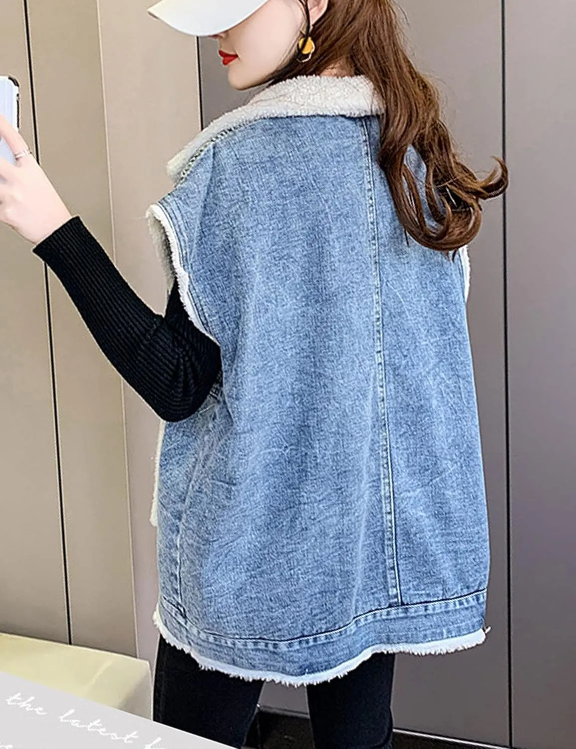 Womens Loose Sherpa Fleece Lined Denim Vest Casual Sleeveless Button Down Jean Vest Jacket