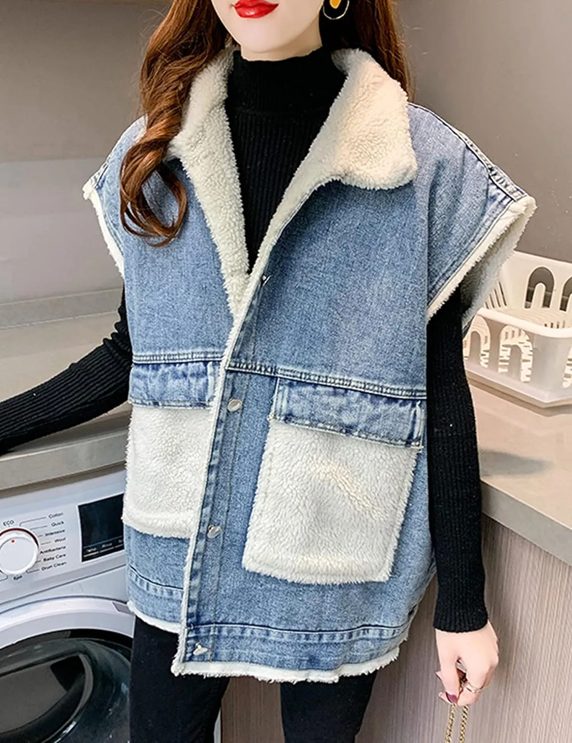 Womens Loose Sherpa Fleece Lined Denim Vest Casual Sleeveless Button Down Jean Vest Jacket