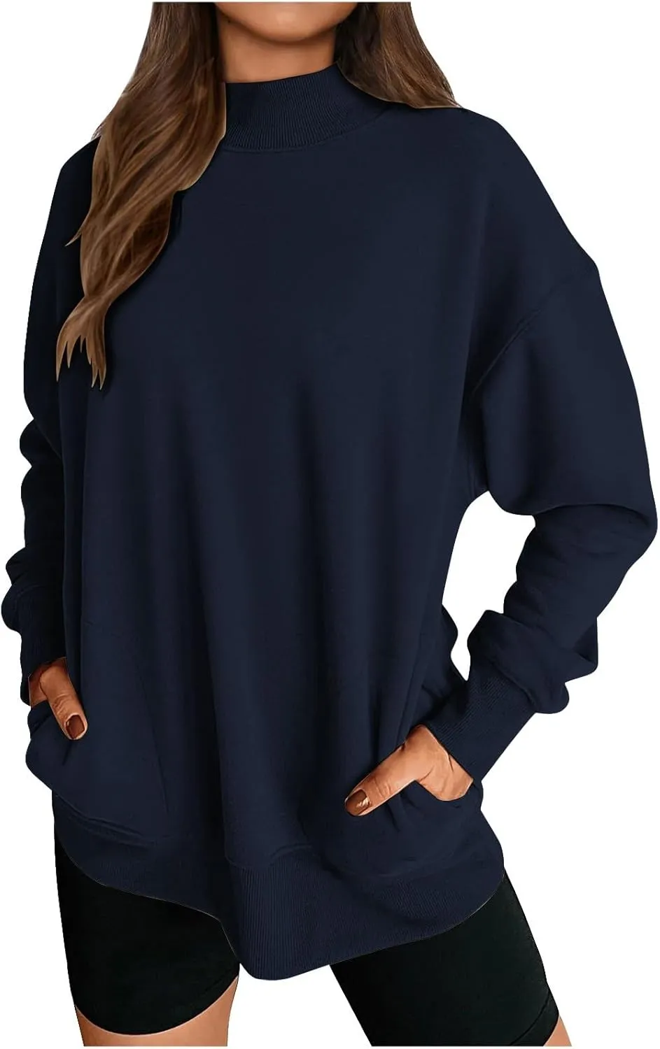 Womens Mock Neck Oversized Sweatshirts with Pockets Fleece Tops Pullover No Hood Sweater for Cold Freezing Weather