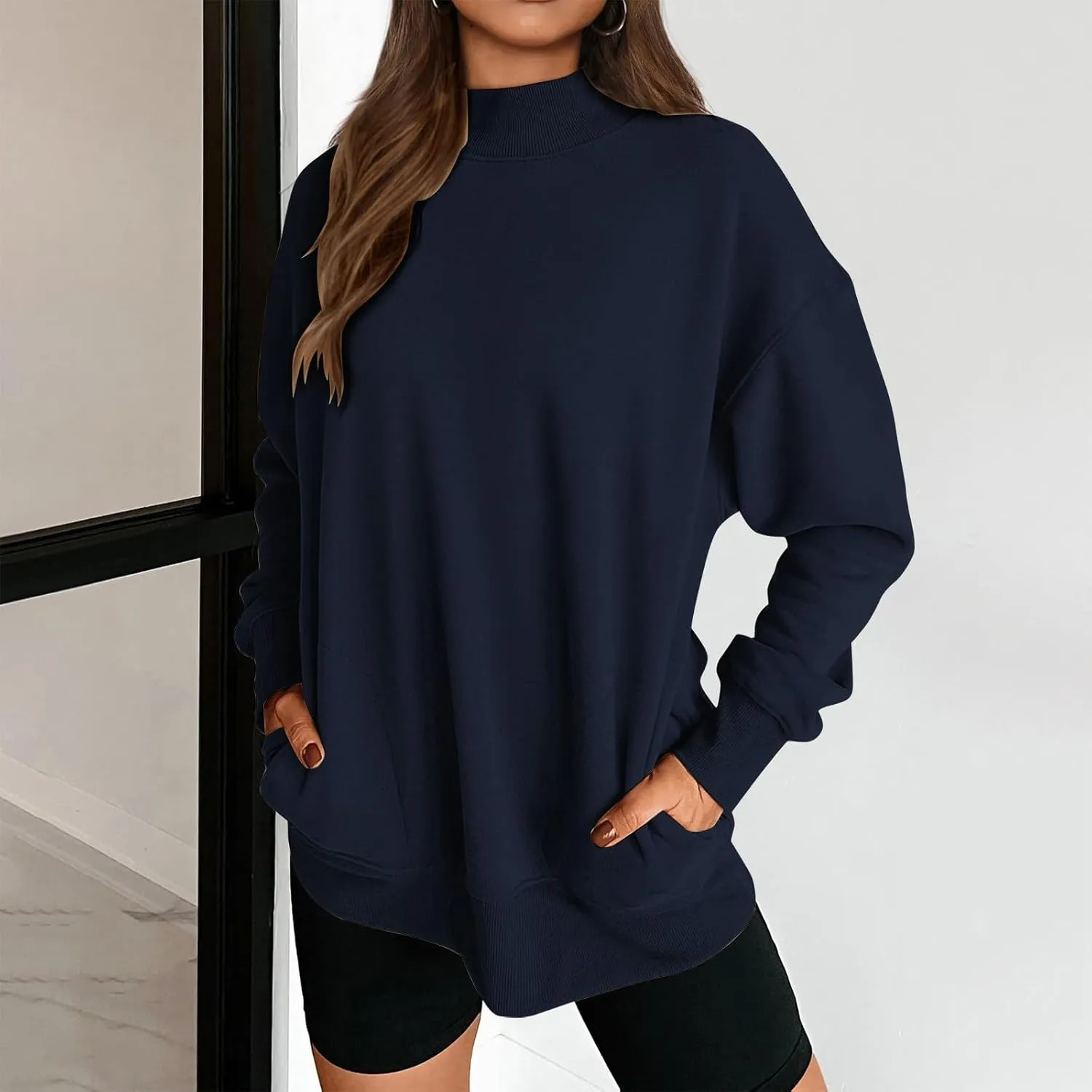 Womens Mock Neck Oversized Sweatshirts with Pockets Fleece Tops Pullover No Hood Sweater for Cold Freezing Weather
