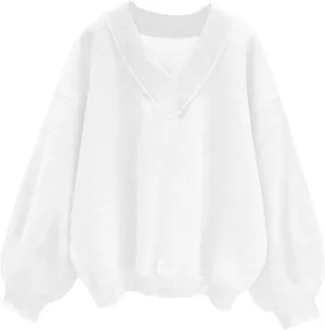Womens Oversized Drop Shoulder Pullover Tops Trendy V Neck Solid Soft Sweatshirts Fall Long Sleeve Teen Girl Clothes
