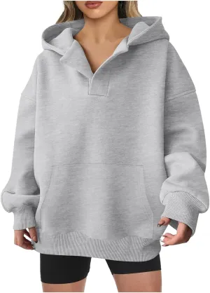 Womens Oversized Hoodies Casual V Neck Sweatshirts Long Sleeve Pullover for Teen Girls 2024 Fall Trendy Preppy Clothes