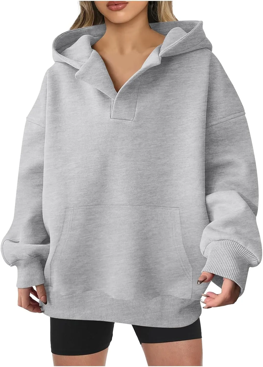 Womens Oversized Hoodies Casual V Neck Sweatshirts Long Sleeve Pullover for Teen Girls 2024 Fall Trendy Preppy Clothes