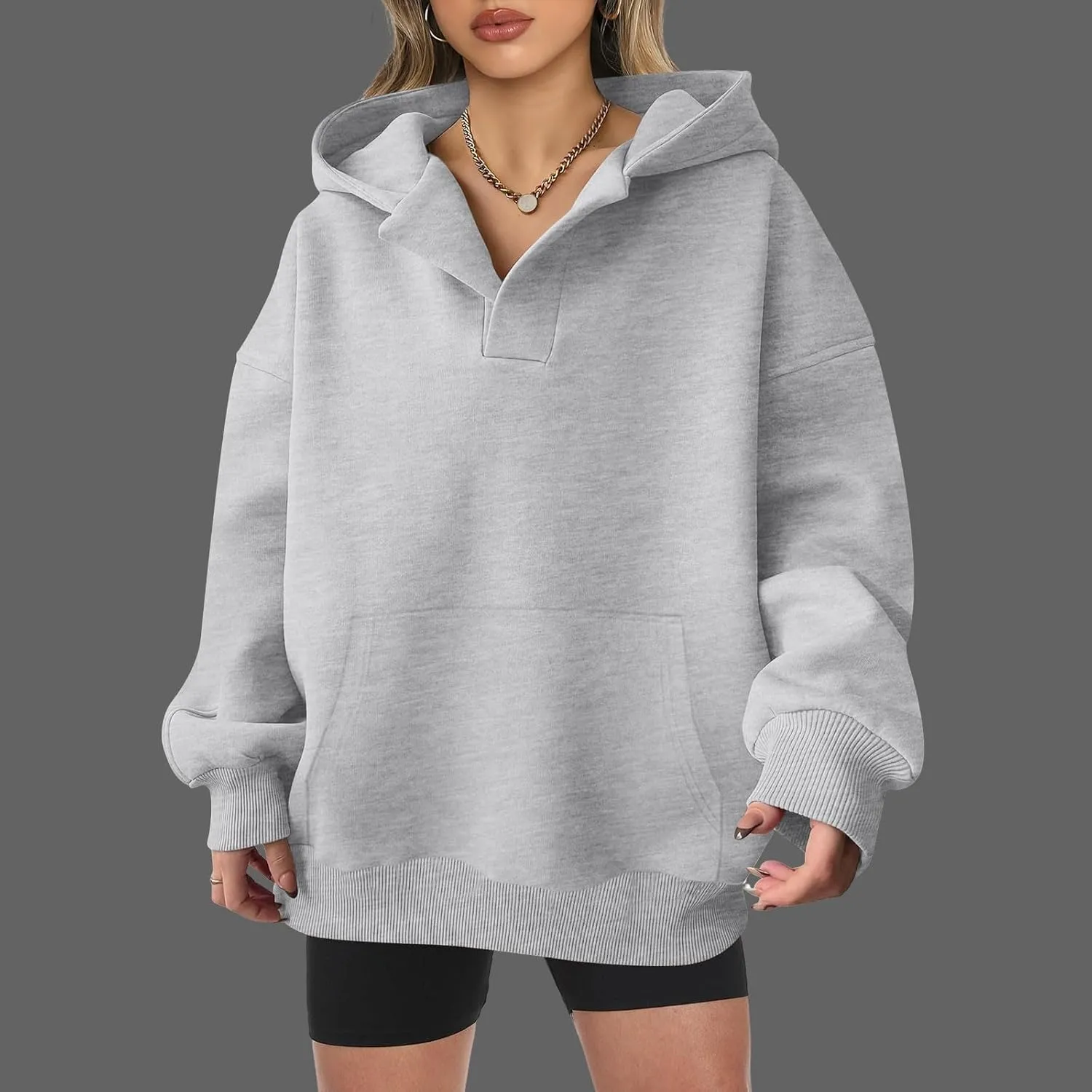 Womens Oversized Hoodies Casual V Neck Sweatshirts Long Sleeve Pullover for Teen Girls 2024 Fall Trendy Preppy Clothes