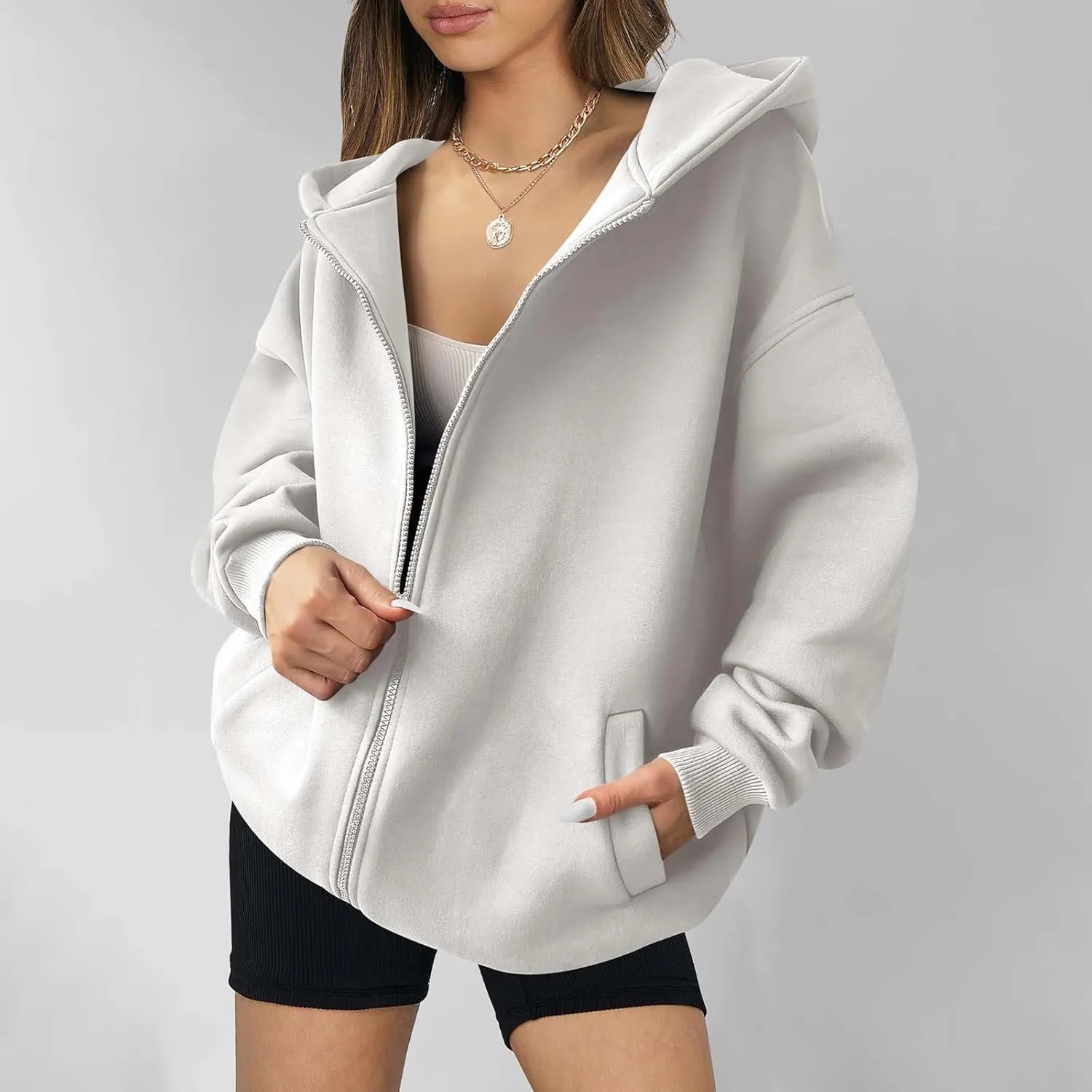 Women's Oversized Hoodies Fleece Lined Zip Up Sweatshrits Casual Fall Jackets Loose Fit Sweatshirt with Pockets