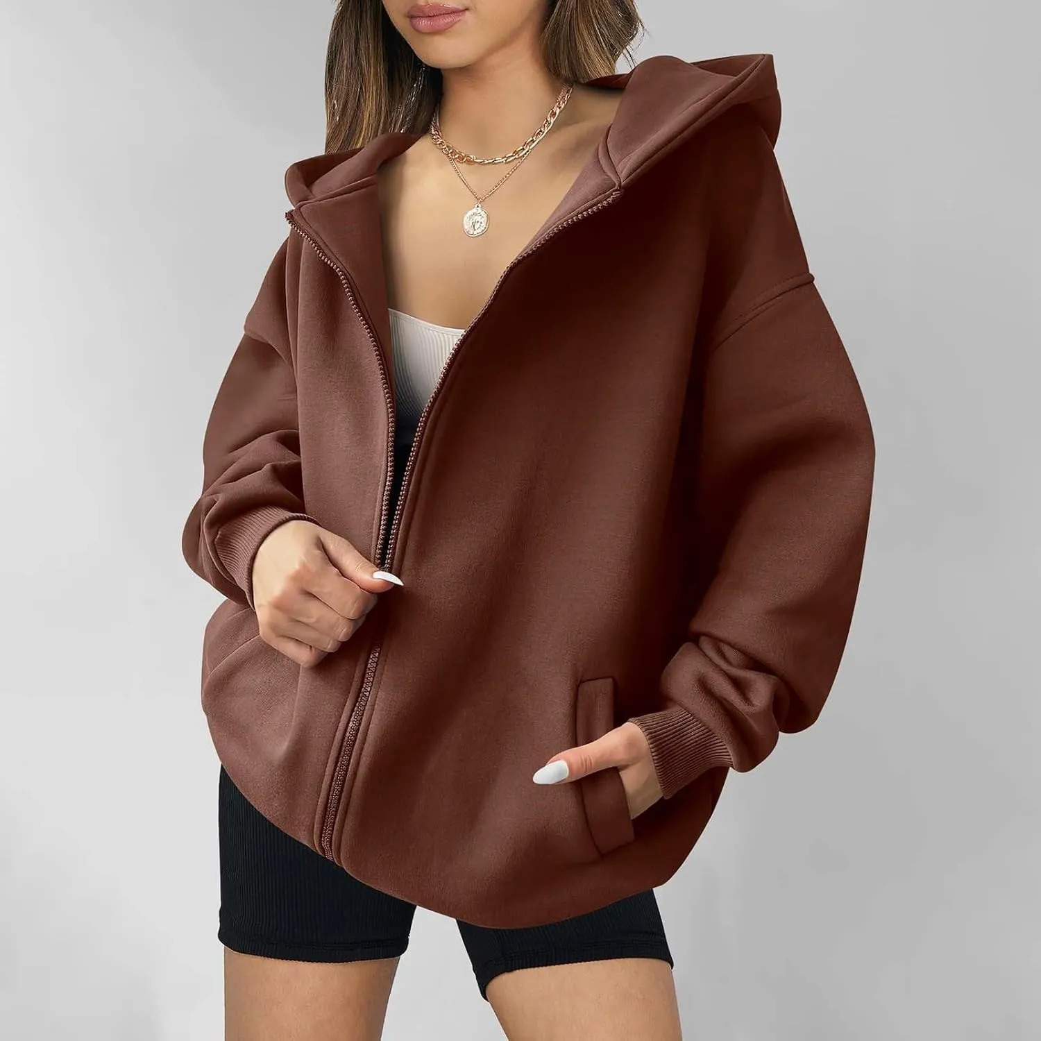 Women's Oversized Hoodies Fleece Lined Zip Up Sweatshrits Casual Fall Jackets Loose Fit Sweatshirt with Pockets