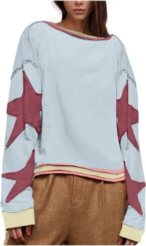 Women's Oversized Star Sweatshirt Long Sleeve Y2k Shirts Drop Shoulder Vintage Graphic Crewneck Jacket Preppy Clothes