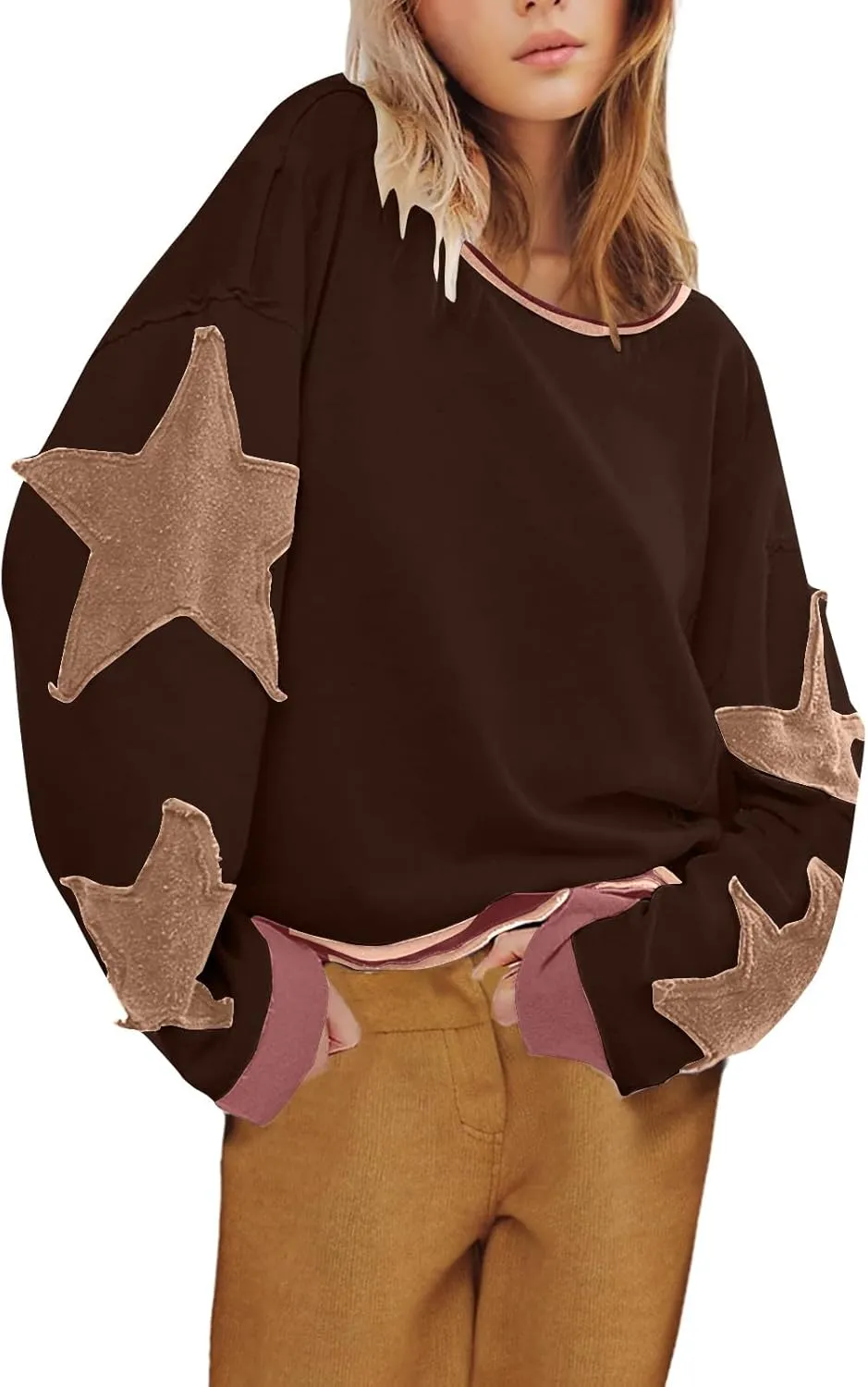 Women's Oversized Star Sweatshirt Long Sleeve Y2k Shirts Drop Shoulder Vintage Graphic Crewneck Jacket Preppy Clothes